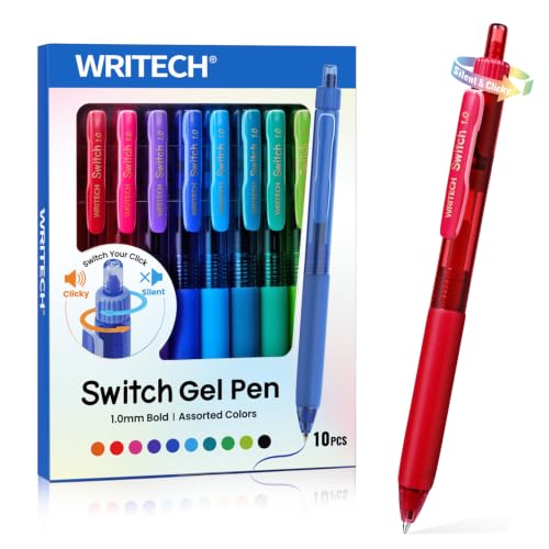 WRITECH Colored Gel Pens 1.0mm: Switch Silent Click Mode for Quiet or Click Feedback Smooth Writing Quick Dry Ink Bold Point for Note Taking Color