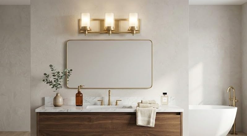 Designers Impressions Juno Brushed Brass 3 Light Wall Sconce/Bathroom Vanity Light Fixture with Clear and Frosted Glass: 73487