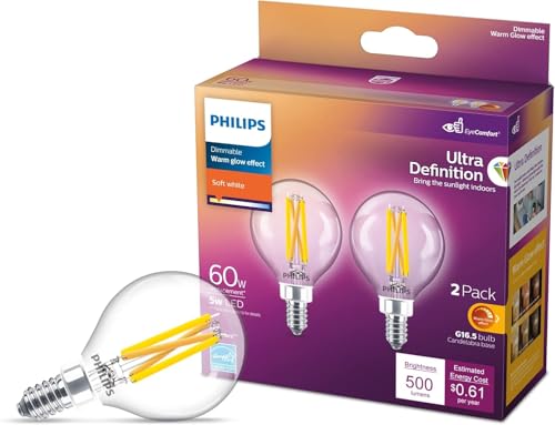 PHILIPS LED 60W G16.5 2-Pack Ultra Definition Soft White (2700K) 500 Lumen (5W = 60W) Dimmable Clear Flicker-Free Light Bulbs