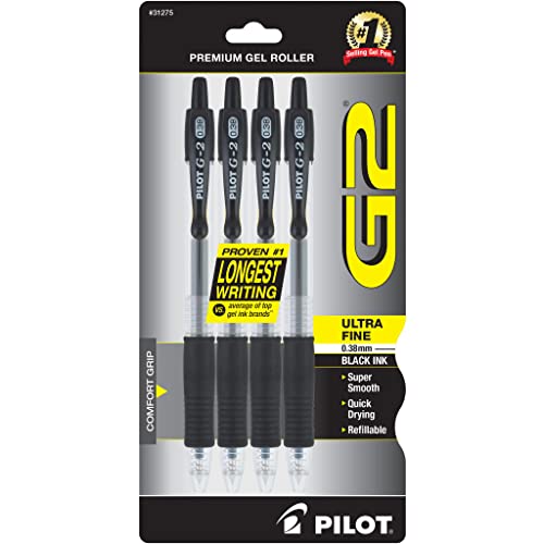 Pilot G2 Premium Refillable and Retractable Rolling Ball Gel Pens, Ultra Fine Point, Gel Ink Pens, 0.38mm, Black Ink, 4-Pack
