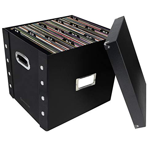 Snap-N-Store Vinyl Record Storage Box - Pack of 1-13.2 x 12.625 x 12.5 Inch LP Holder with Lid & Guides for 12-inch Records - Crate Holds up to 75