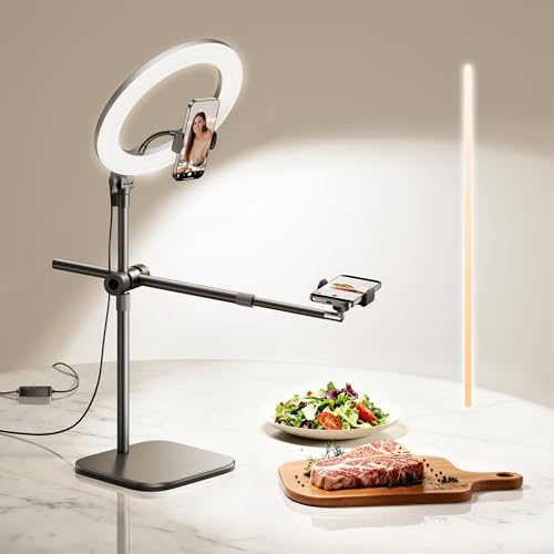 Overhead Phone Mount, Overhead Camera Mount Stand [Anti-Shaking] with 10.5" Ring Light, Desk Stand for iPhone with Ring Light for Video Recording
