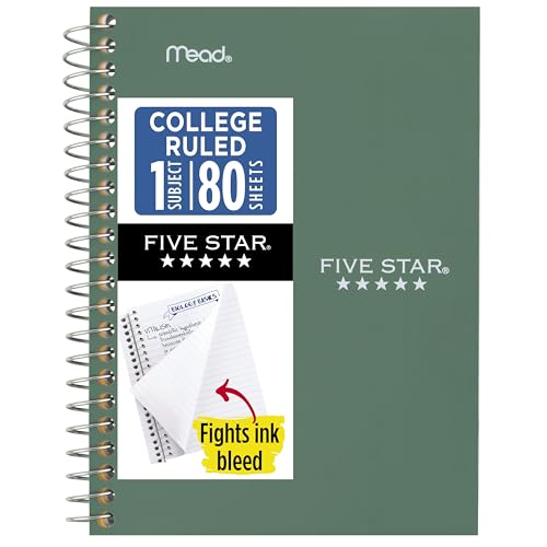 Five Star Spiral Notebook, 1 Subject, College Ruled Paper, 4-3/8" x 7", Personal Size, 80 Sheets, Fights Ink Bleed, Water Resistant Cover, Seaglass
