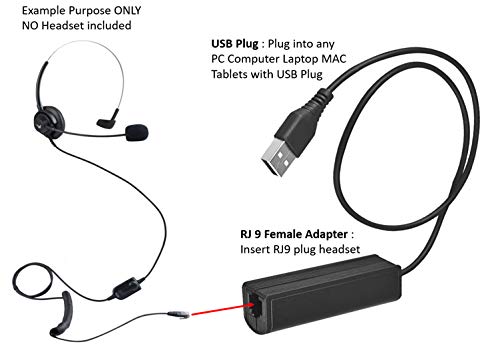 USB Adapter Cable to RJ9 Female for Any Jabra QD Headset GN1200 and Connects Into A Computer PC Laptop Mac Softphone Skype MSN Zoom Video Phone App