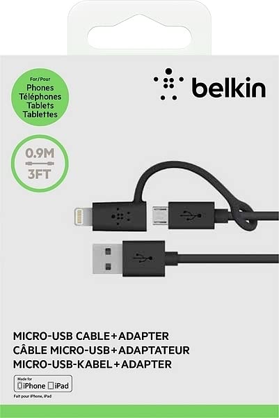 Belkin 3-Feet Micro-USB Cable with Lightning Connector Adapter - Retail Packaging - Black