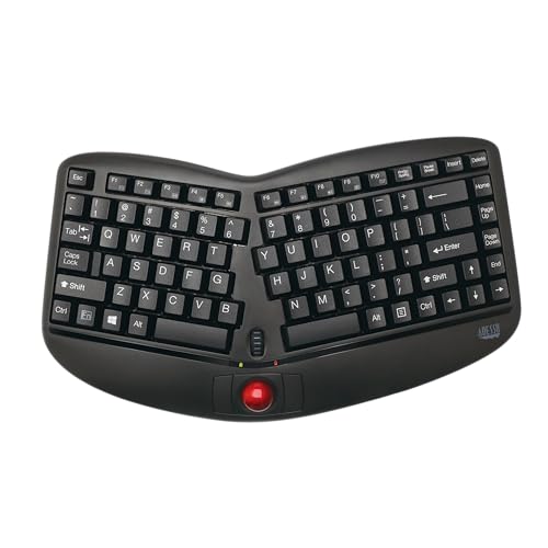 Adesso WKB-3150UB - Wireless Ergonomic Keyboard with Built-in Removable Trackball and Scroll Wheel, Split Key, Long Battery Life, Small and Portable