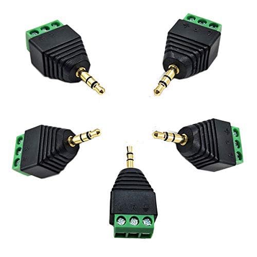 Kework 5 Pack 1/8" 3.5mm TRS Male Jack Terminal Block Connector, 3.5mm 3 Pole Stereo Audio Plug Headphone AUX Balun Bolt Screw Solderless Terminal