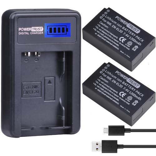 PowerTrust 2 Pack EN-EL20 EN-EL20a Camera Battery and LCD USB Charger for NIKON 1 J1 J2 J3 S1 AW1 CAMERA Batteries
