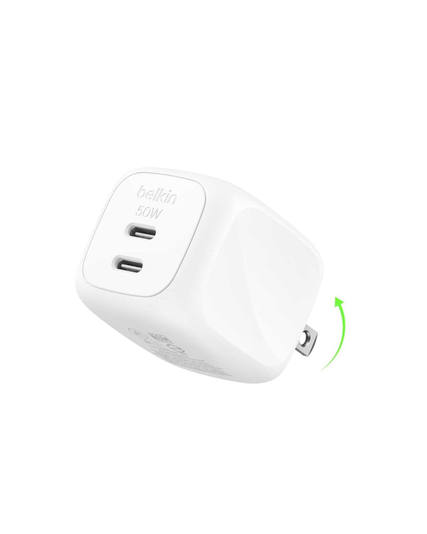 Belkin 2-Port USB C Charger Block 50W, Dual-Port GaN Charger w/ 2x USB C Ports, Fast Charging for MacBook, iPhone 17, iPad Pro, Chromebook, Galaxy S26