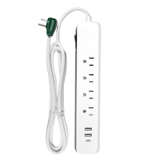 Go Green Power Inc. 6-ft Cord Surge Protector with 4 Outlets, USB-A and USB-C, 450 Joules - Compact, Heavy Duty, Circuit Breaker - Ideal for Home