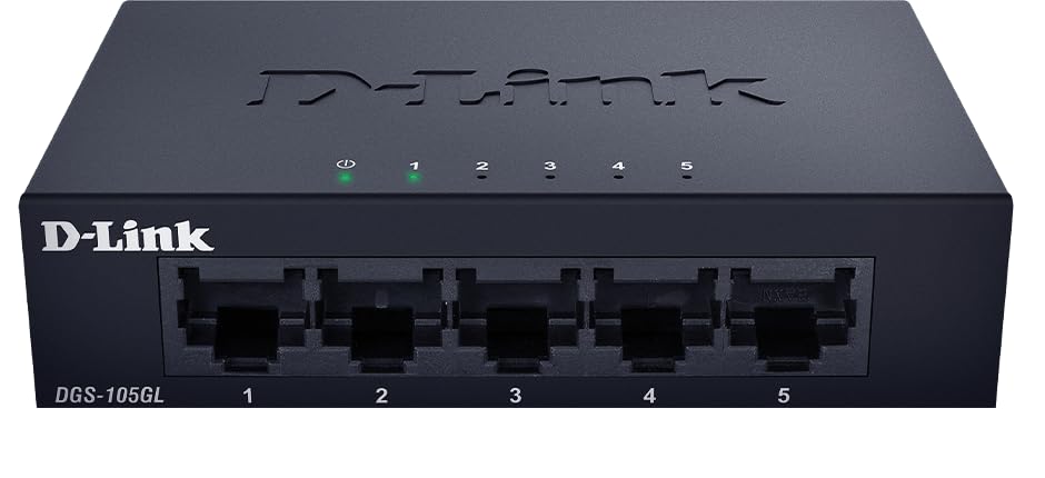 D-Link DGS-105GL 5-Port Gigabit Unmanaged Desktop Switch, Fanless, Low Profile, Metal Housing, Plug-and-Play, 802.3az EEE Black DGS-105GL