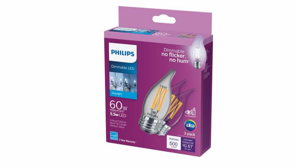Philips LED Clear Dimmable BA11 Light Bulb - EyeComfort Flicker Free - 5.5W=60W - 500 Lumen - Daylight (5000K) - E26 Base - Indoor - Title 20 - Pack