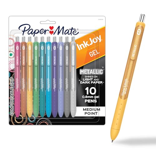 Paper Mate InkJoy Gel Pens, Metallic, Retractable, Medium Point (0.8mm), Glittery Assorted Colors, 10 Count - Arts & Crafts, Doodling, Writing, Bullet