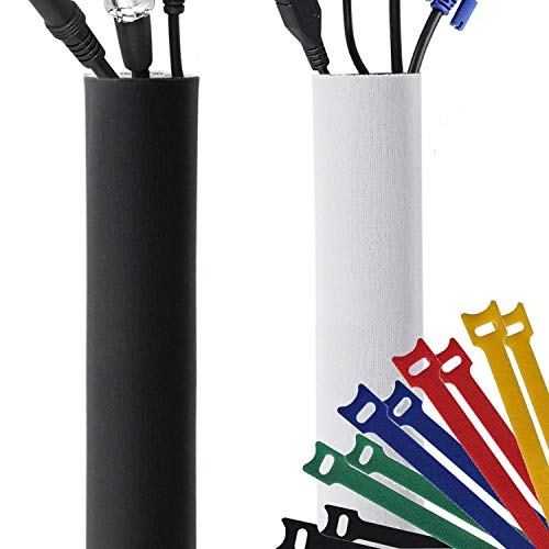 Premium 120" Cable Management Sleeve, Best Cords Organizer for TV On Wall, Computer, Office, DIY Adjustable Reversible Black and White Neoprene Cord