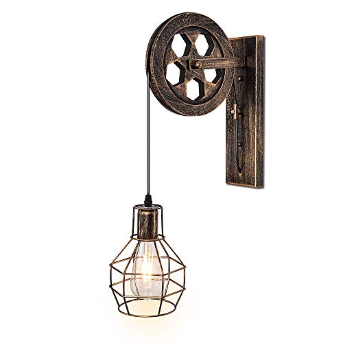 KUNGHEYFATCHOY 1 Light Fixture Industrial Mid Century Retro Iron Wall Lights Lift Pulley Wall Lamp Features The Matte Iron Cage Lamp Shade for Indoor