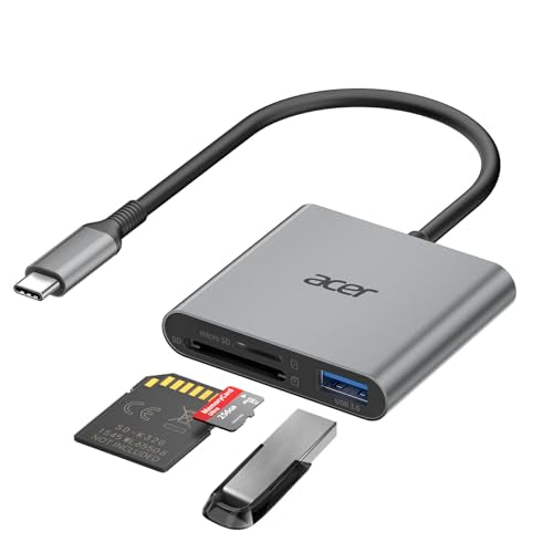 Acer SD Card Reader USB C, 3 in 1 Memory Card Reader with Dual Slots & USB 3.0, Micro SD Card Adapter for iPhone 17/16/15 Compatible with Camera