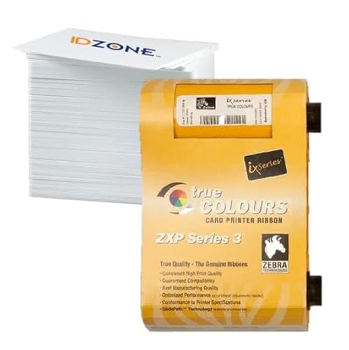 Zebra 800033-840 True Colours iX Series YMCKO Color Ribbon for ZXP Series 3 Card Printers. 200 Prints., w/ID Zone Premium White Blank Plastic CR80 30