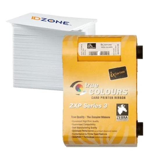 Zebra 800033-840 True Colours iX Series YMCKO Color Ribbon for ZXP Series 3 Card Printers. 200 Prints., w/ID Zone Premium White Blank Plastic CR80 30