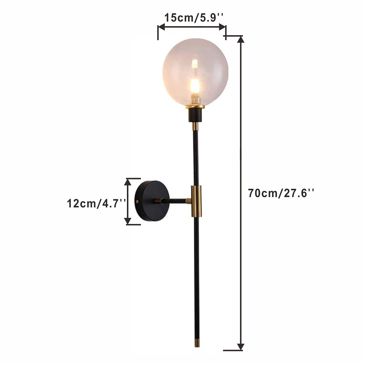 KCO KCOLighting 1-Light Sconces Wall Light Gold Black Modern Wall Mounted Sconce Globe Glass Shade Wall Lamp with Long Arm for Bedroom Hallway