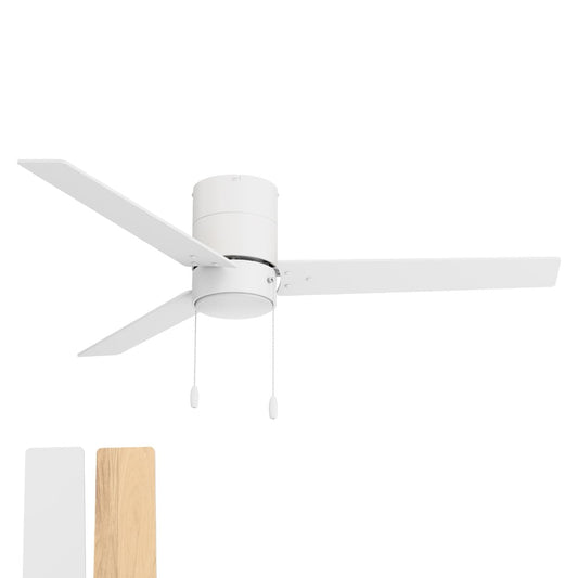 East Grove Home Heritage 52in 3-Blade Pull Chain Flush Mount Fan 2700K-3000K-4000K-5000K-6000K CCT Selectable LED Light Kit with White Hardware