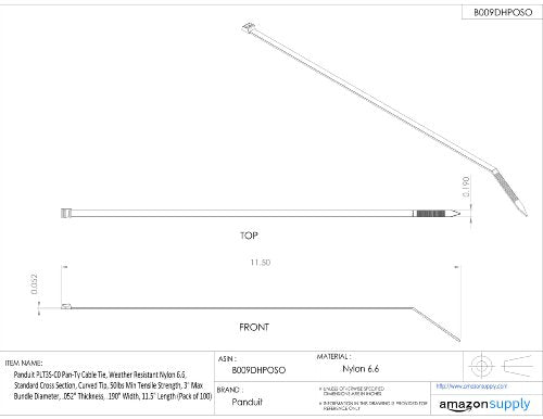 Panduit PLT5S-C0 Pan-Ty Cable Tie, Weather Resistant Nylon 6.6, Standard Cross Section, Curved Tip, 50lbs Min Tensile Strength, 5.0" Max Bundle