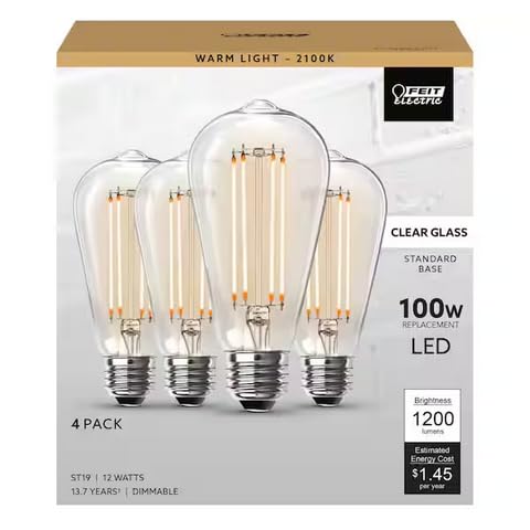 Feit Electric 100-Watt Equivalent ST19 Dimmable Straight Filament Clear Glass E26 Vintage Edison LED Light Bulb, Warm White (4-Pack) ST19100/CL/LED/4