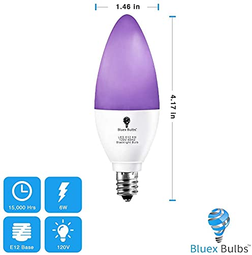 6 Pack LED Black Light Bulb, 6W E12 Candle Blacklight Bulb Level 385-400nm, Body Paint, Glow in The Dark Party E12 LED Light Bulb Neon Glow