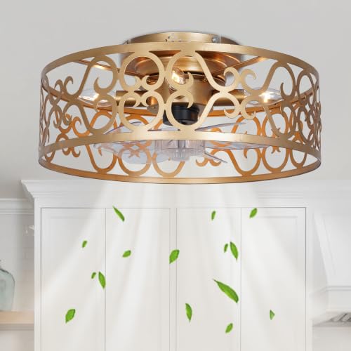COZYLUME Cage Ceiling Fan Lights, Antique Gold Farmhouse Fan Light W17.7
