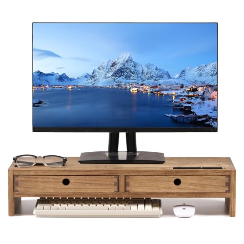 KIRIGEN Wood Monitor Stand with 2 Drawers - Computer Arm Riser Desk Storage Organizer,Speaker TV Laptop Printer Stand with Pen Slot and Cable