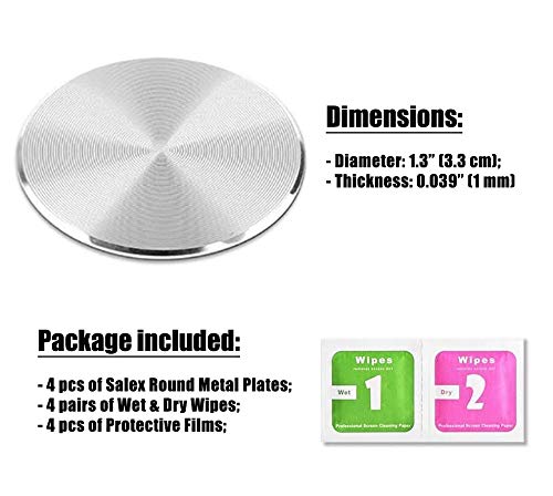 SALEX Phone Metal Plates 4 Pack for Magnetic Car Mount. Kit of 4 Clear Silver Round 3M Adhesive Discs Without Holes for Case Back. Strong Circular
