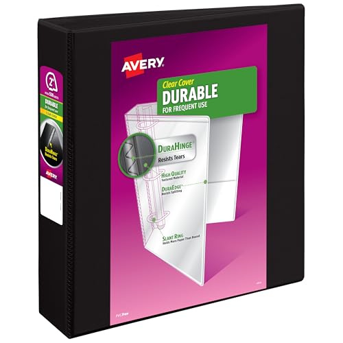 Avery Durable View 3 Ring Binder, 2 Inch Slant Rings, 530-Sheet Capacity, DuraHinge, 2.8 Inch Wide Spine, Customizable Clear Cover and Spine, 1 Black