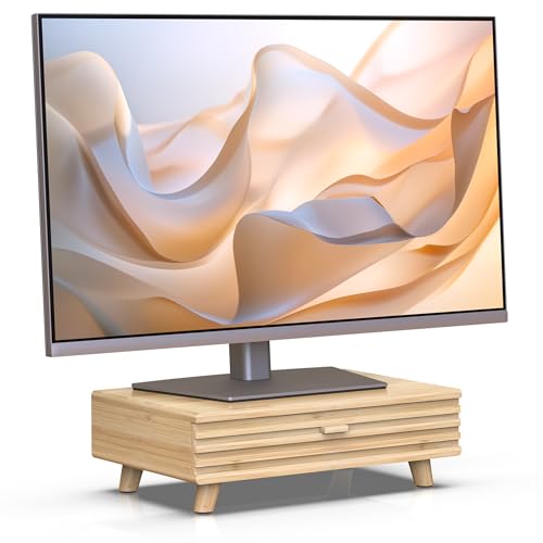 WELL WENG Bamboo Monitor Stand with Drawer - Desk Organizer with Cable Management & Storage, Ergonomic Laptop Riser for Home Office (220lbs Capacity
