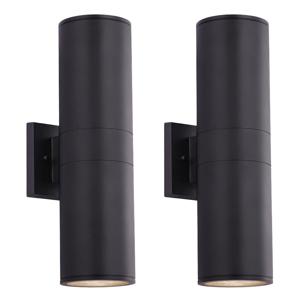 Cerdeco 15" Black Modern Outdoor Wall Light 2 Pack,Cylinder Up Down Aluminum Exterior Wall Sconce for House Porch Garage Patio Doorway Entryway,ETL