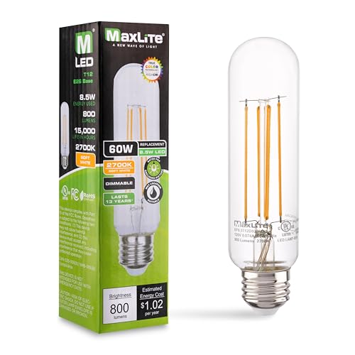 Maxlite EF8.5T12D927/JA8 Enclosed LED Filament Lamp, Clear Edison Style T12 Bulb, 8.5W, 800lm, 2700K, E26 Base, Dimmable, 120V, Lamps for Living Room