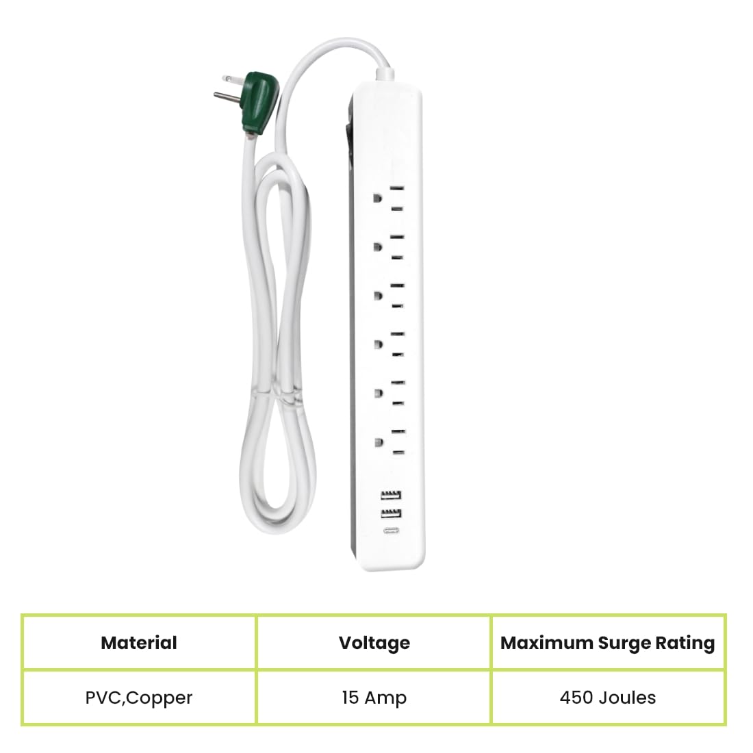 Go Green Power Inc. 6-ft Cord Surge Protector with 6 Outlets, USB-A and USB-C, 450 Joules - Compact, Heavy Duty, Circuit Breaker - Ideal for Home