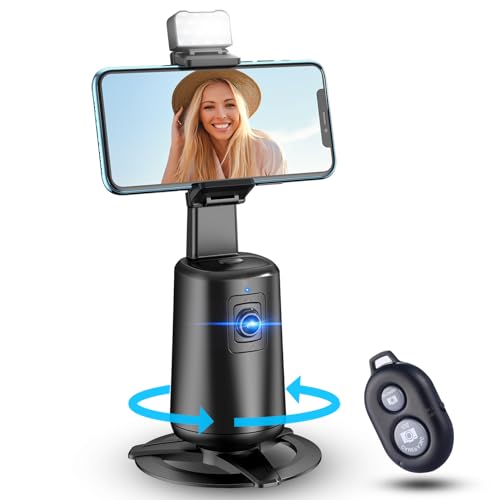 Auto Face Tracking Tripod 360° Rotating Cell Phone Photo and Video Kits Stand, No App, Camera Stand with Remote and Gesture Control, Rechargeable