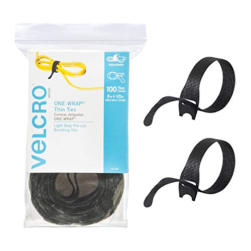 VELCRO Brand ONE-WRAP Cable Ties, 100Pk, 8 x 1/2" Black Cord Organization Straps, Thin Pre-Cut Design, Wire Management for Organizing Home, Office