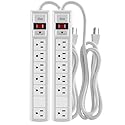 KMC 6-Outlet Surge Protector Power Strip, 2-Pack, 1200 Joules, 6ft Cord, Adapter Spaced Outlet, Overload Protection, White