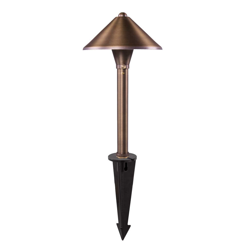 VOLT Conehead 12V Brass Mini Path Light (7" Shade, 15" Tall) with 3W 2700K Warm White G4 LED Bulb for Low Voltage Landscape Lighting on Outdoor