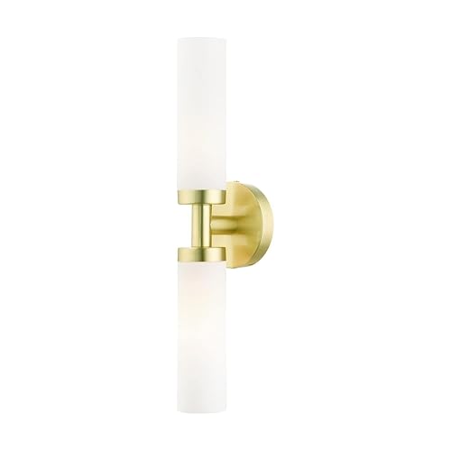 Livex Lighting Aero Steel 2 Light Wall Sconce for home decor, 1 Satin Brass Finish light fixture, perfect for bathroom, bedroom or living room decor
