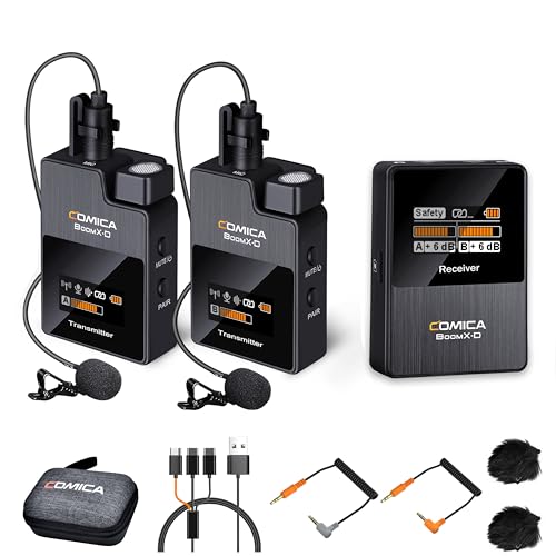 Comica BoomX-D2 - Wireless Microphone System for Cameras, Camcorders, Smartphones, Laptops, Compact Wireless Lavalier Lapel Microphone with Safety