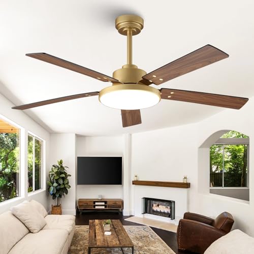Vaczon 52 Inch Gold Ceiling Fans with Lights and Remote/APP, Modern Sleek