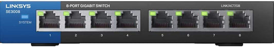 Linksys SE3008: 8-Port Gigabit Ethernet Unmanaged Switch, Computer Network, Auto-Sensing Ports Maximize Data Flow for up to 1,000 Mbps (Black, Blue)