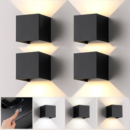 4 Pack LED Outdoor Wall Sconces Exterior/Interior,Modern Black Square Aluminum Wall Light Fixture Set,Variable Beam IP65 Waterproof Lights.15W