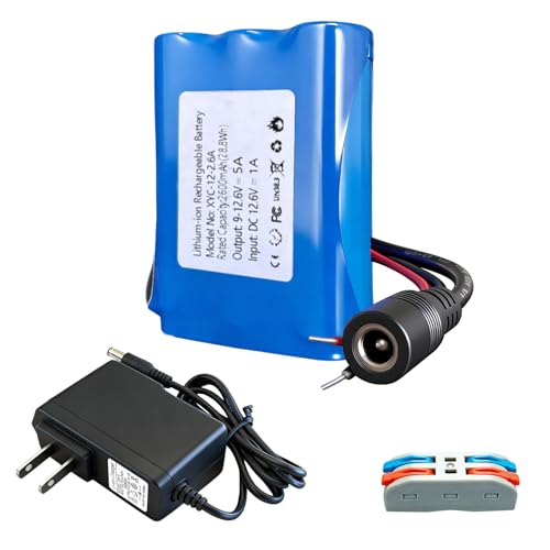 12V 2600mAh Rechargeable Li-ion Battery with Charger, Bare Leads Wire Battery Pack Perfect for DIY Project, Speakers, RC Car, Robot Toys, LED Light
