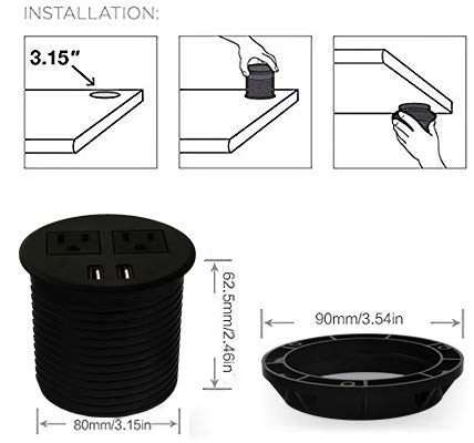ApexDesk Desktop Power Grommet with Two Power Sockets, Two Quick USB Charging Ports, 6ft Power Cord and Lock Ring (Black)