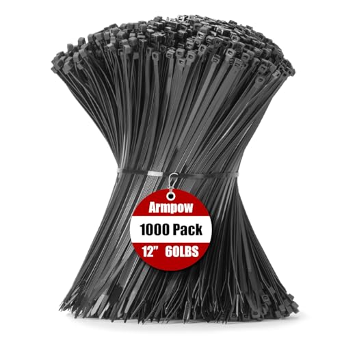 Armpow 12 Inch Zip Ties Black 1000 PCS, 60 Lbs- Heavy Duty Tensile Strength, Nylon PA66 UV Resistant Cable Ties for Indoor and Outdoor Use - Ideal