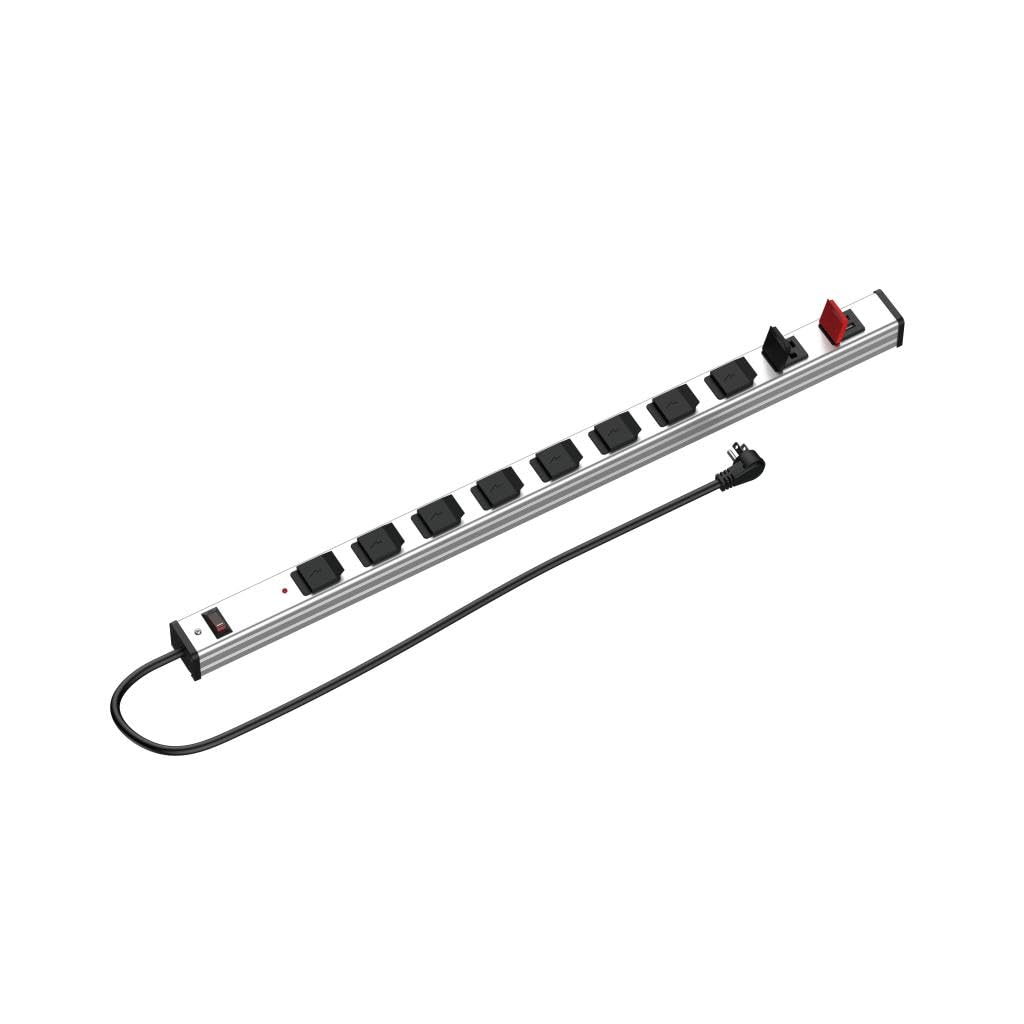 9 Outlets 2 USB Heavy Duty Metal Socket Power Strip,10-Foot Long Extension Cord with Circuit Breaker. Mounting Brackets Included, Workshop/Industrial