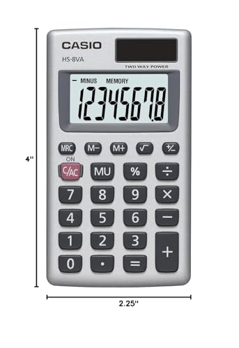 Casio HS-8VA Mini 6-Function Calculator | Large 8-Digit LCD Display | Solar Powered with Battery Backup | Standard Function | Portable Pocket Size