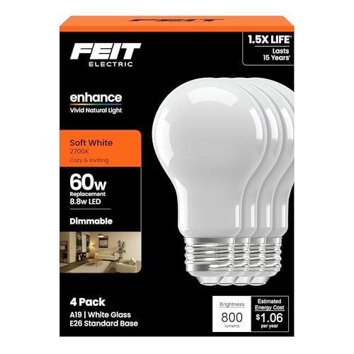 Feit Electric A19 LED Light Bulb, 60W Equivalent, 8.8W, Soft White 2700K, 800 Lumens, 90+ CRI Enhance Series, Omnidirectional,17,000-hour Lifetime
